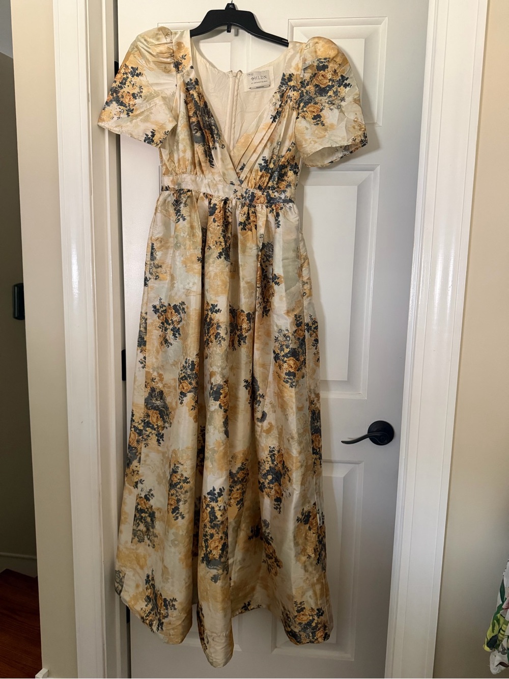 BHLDN Anthropologie Gold and Gray Floral V-Neck Puff Sleeve Maxi Dress